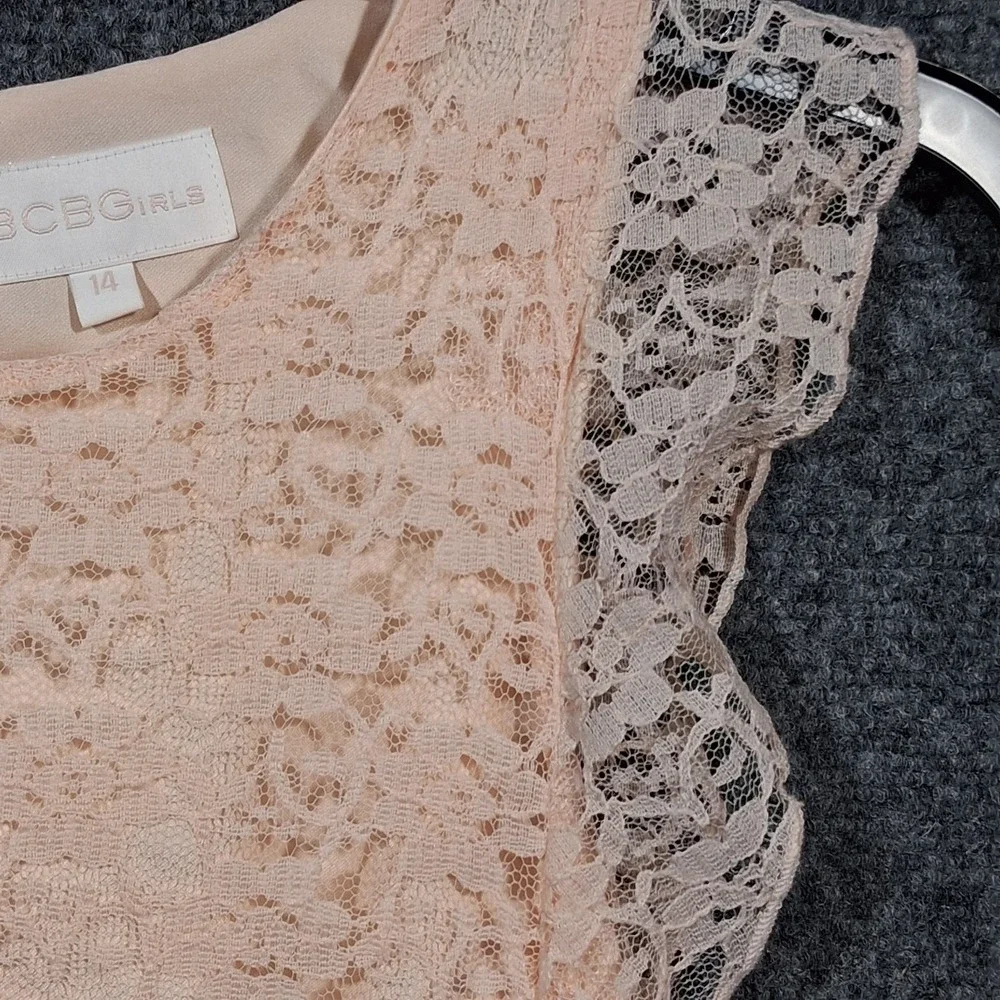 BCBG Girls Peach Pink Floral Lace Fit & Flare Party Dress Size 14 Flutter Sleeve